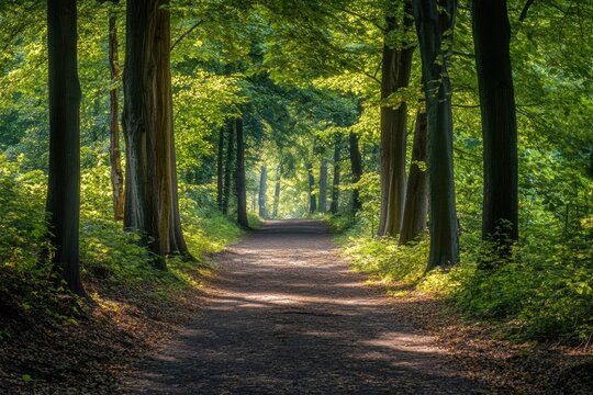 Tree tunnel path with lush greenery and light