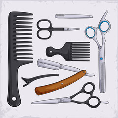 Hand drawn set of barber equipment, scissors, pick comb, razor, thinner, alligator hairclip and more