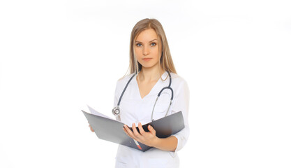 Young woman doctor with stethoscope and folder of documents on white background