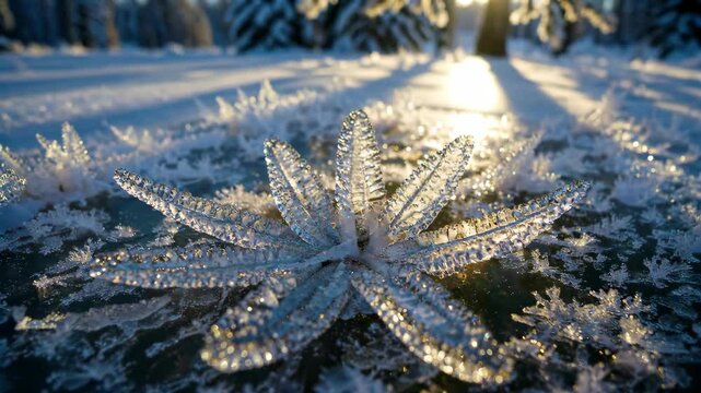 Close-up material of ice flowers in winter The crystal clear blooming of ice flowers