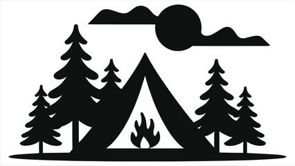 Simple camping scene silhouette logo/A black and white silhouette of a campsite, featuring a tent, campfire, and fir trees under a simple sky with sun and clouds.
