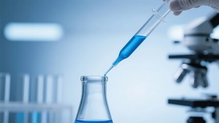 Scientist pouring blue liquid from a pipette into a beaker in a laboratory setting