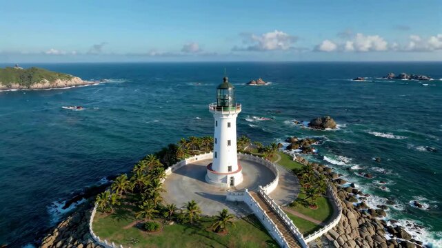 Aerial photography of seaside lighthouses and ocean views Island lighthouse scenery