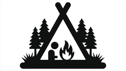 Simple camping icon with campfire and tent in forest/A black and white graphic icon depicting a person by a campfire inside a simple tent surrounded by trees.