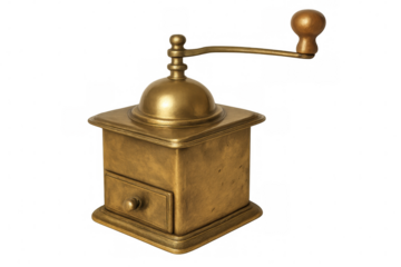 Old manual coffee grinder made of brass, isolated on transparent background, ready for your designs