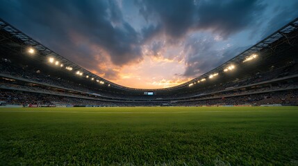 Thrilling Football Stadium Under a Dramatic Sky at Dusk, A full stadium view of a football/soccer arena, packed with spectators, under a dramatic twilight sky filled with dark clouds.
