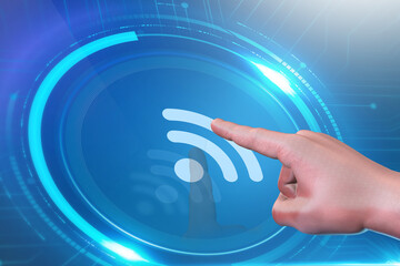 Connecting to wi-fi
, hand pushing button on a touch screen interface