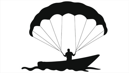 Silhouette of a person parasailing from a boat/A simple, impactful silhouette of a person parasailing from a small boat on water.