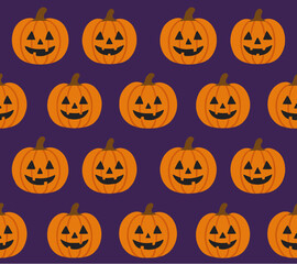 Seamless pattern of glowing jack-o’-lanterns with carved faces on dark purple background. A playful Halloween design perfect for seasonal packaging, party decor, and festive digital content.
