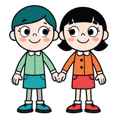 Adorable Cute Doodle Style Twins or Siblings Holding Hands Illustration