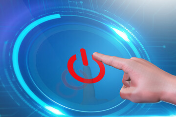 man pushing a red power button on a touch screen
