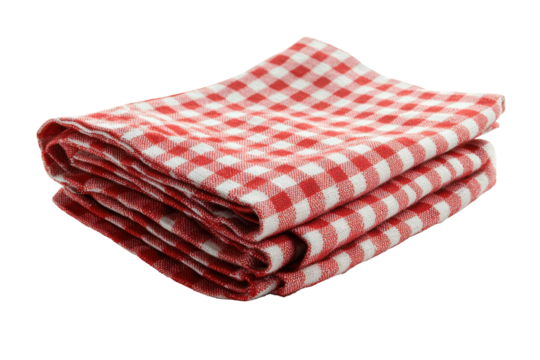 Red and white checkered napkins folded neatly kitchen textile fabric texture isolated on a transparent background