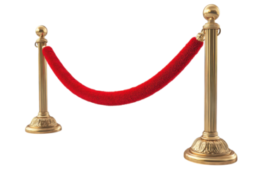 Golden stanchions and red velvet rope barrier VIP access exclusive event isolated on a transparent background