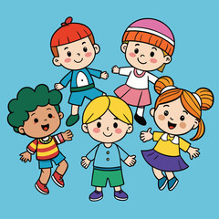 Doodle-Style Illustration Happy Boys and Girls Playing Together