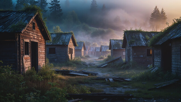 Sunrise illuminating abandoned wooden cabins in a foggy valley