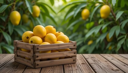 Fresh lemons in a rustic wooden crate with green leaves  a vibrant and natural still life composition ideal for food photography, kitchen decor, and organic product design