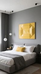 Modern bedroom with a gray bed, yellow geometric artwork, and minimalist decor