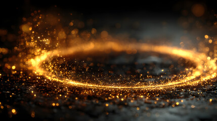 Gold glitter circle of light shine sparkles and golden spark particles in circle frame on black background. Christmas magic stars glow, firework confetti of glittery ring shimmer