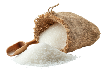 White sugar spilling from burlap sack wooden scoop, isolated on a transparent background