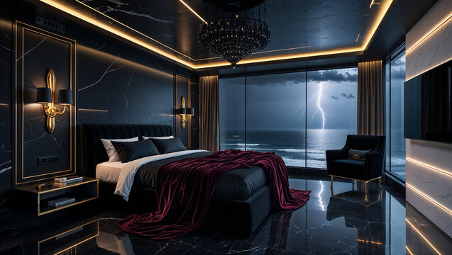 Luxurious bedroom with ocean view during a thunderstorm illuminating the marble floor