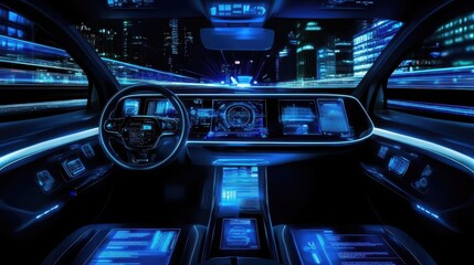 Inside view of futuristic self-driving car speeding through city at night