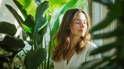 Young Caucasian woman with long brown hair, smiling softly among lush green plants in a bright indoor setting