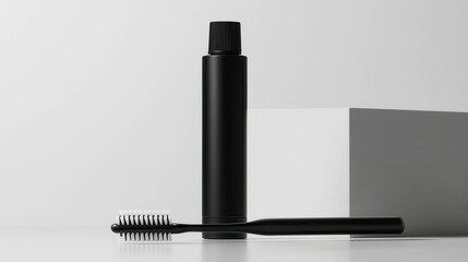Obraz premium Sleek black toothbrush and a matching tube on a minimalist white background. The design emphasizes modern dental care