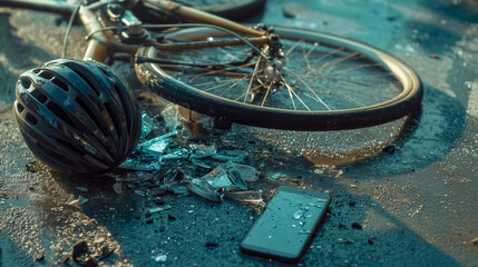 Damaged bicycle lies on the ground next to a shattered smartphone. A black helmet is nearby. Recent accident involving a cyclist