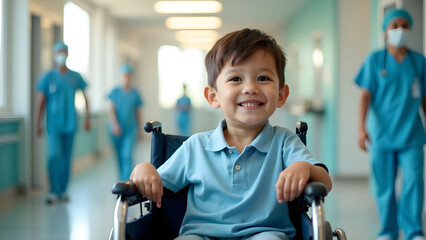 Smiling Boy in Wheelchair with Caring Hospital Workers