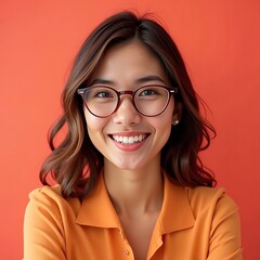Fototapeta premium Smiling Woman Wearing Glasses Against Orange Background