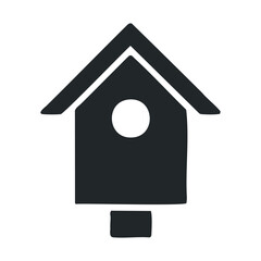 Simple black and white birdhouse icon on white background