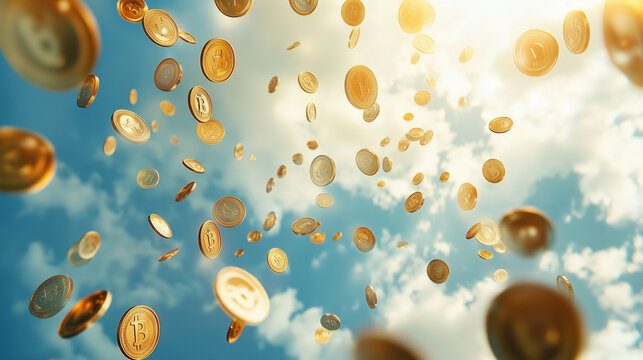 Golden bitcoins rain down from a sunny sky with scattered clouds, symbolizing financial abundance and the rise of cryptocurrency.