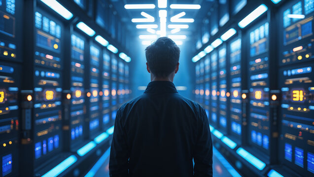 It technician walking in datacenter corridor inspecting server racks, futuristic technology concept