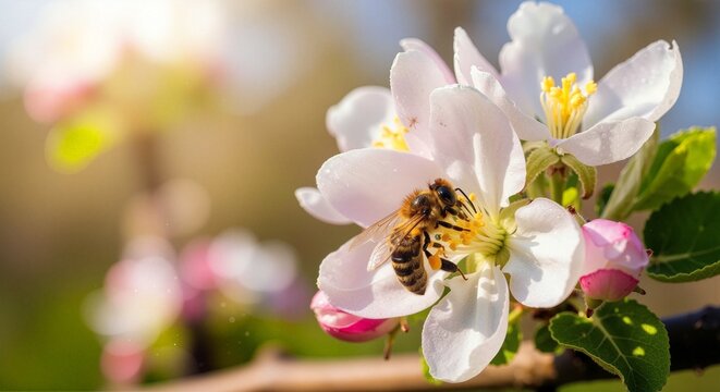 Bee Pollinating Apple Blossom Macro AI