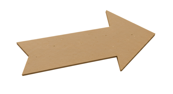 Flat brown cardboard arrow shape with paper grain texture isolated on transparent background
