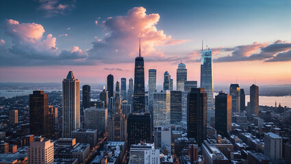 Fototapeta premium Illuminated skyscrapers dominating cityscape at sunset with pink clouds