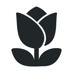 Black tulip silhouette on white background: minimalist botanical icon