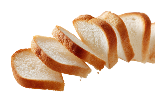 Slices of white bread falling on black background isolated on a transparent background