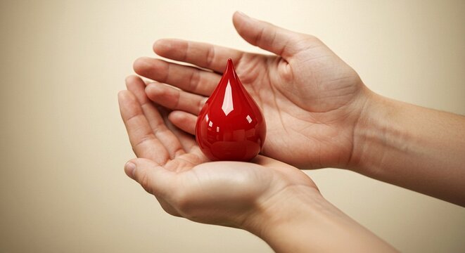 Hands holding red drop symbolizing blood donation awareness - Powered by Adobe