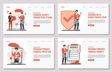 landing page template Insurance Concept set Featuring a Businessman with an Umbrella Financial Elements, and a Smartphone in Flat Design Vector Style, Representing Protection, Investment, and Security
