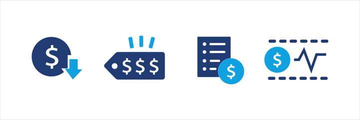 Set of blue financial and shopping icons with dollar signs, price tags, discounts, charts, invoices, and calculators. Business and commerce UI elements for web, app, banner, and print design.
