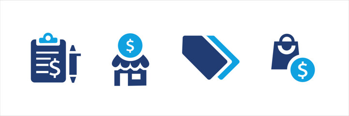 Set of blue financial and shopping icons with dollar signs, price tags, discounts, charts, invoices, and calculators. Business and commerce UI elements for web, app, banner, and print design.
