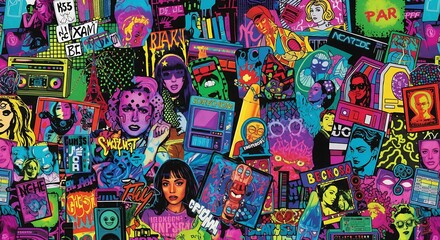 Fototapeta premium A vibrant pop art collage featuring characters and graffiti in a burst of neon colors
