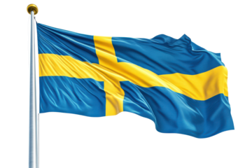 Swedish flag waving proudly on a flagpole against a black background, isolated on a transparent background