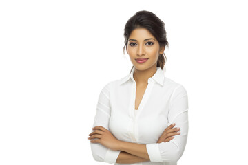  beautiful businesswoman with folded arms in bright white shirt isolated on white background