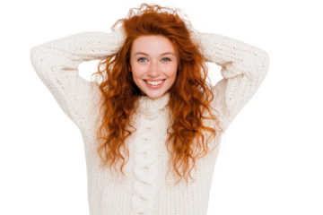 young woman with long red curly hair isolated on white background