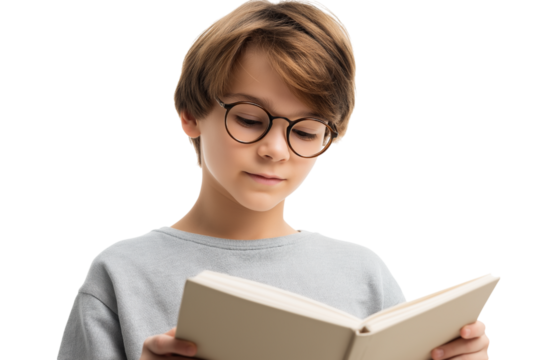 young boy absorbed in reading book isolated on white background