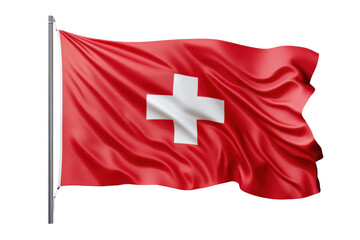 Swiss flag waving proudly on a flagpole against black background, isolated on a transparent background