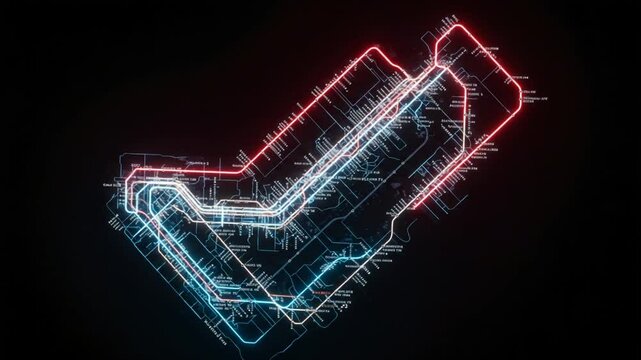 Abstract subway map design with neon lights and routes