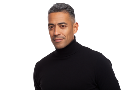  confident middle-aged man looking into camera in  dark turtleneck isolated on white background
